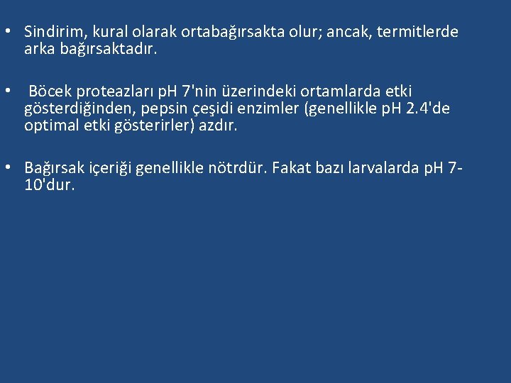  • Sindirim, kural olarak ortabağırsakta olur; ancak, termitlerde arka bağırsaktadır. • Böcek proteazları
