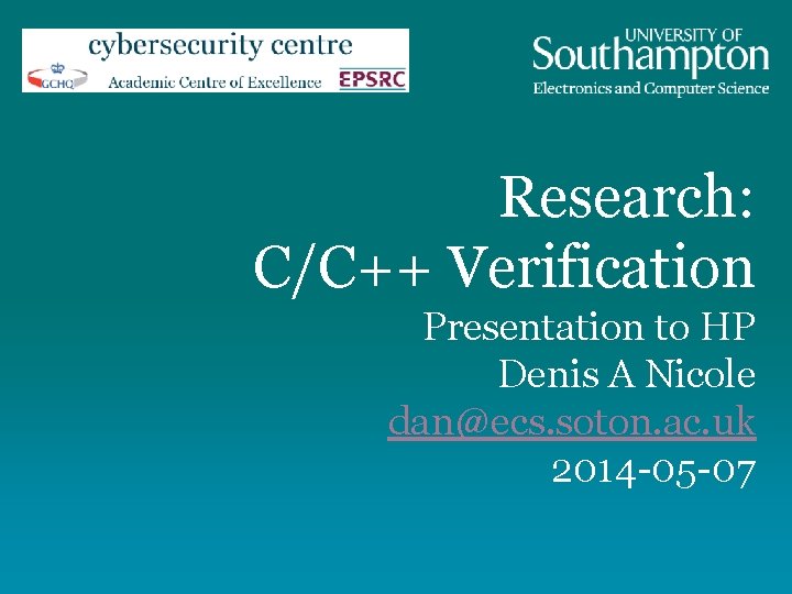 Research: C/C++ Verification Presentation to HP Denis A Nicole dan@ecs. soton. ac. uk 2014