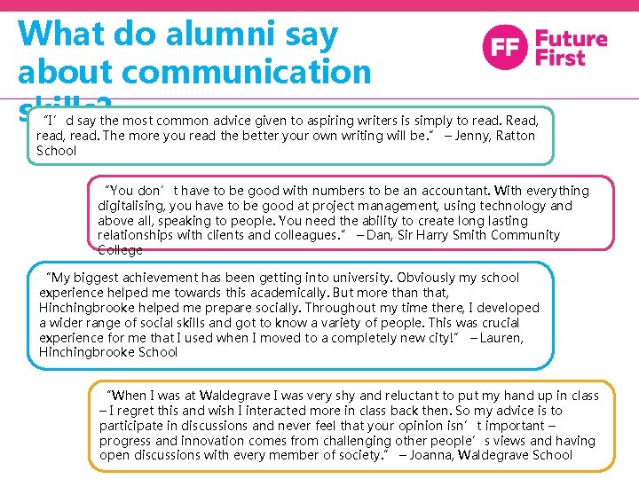 What do alumni say about communication skills? “I’d say the most common advice given