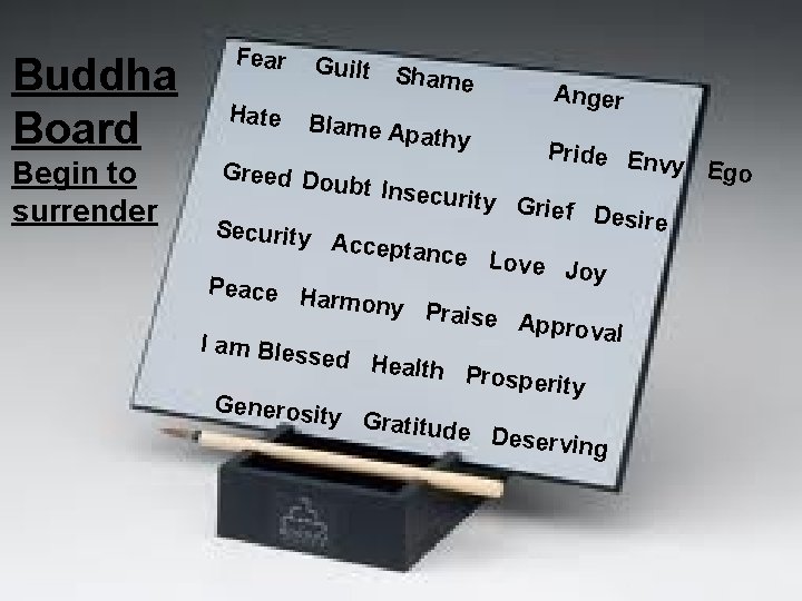 Buddha Board Begin to surrender Fear Hate Guilt Sh ame Blame Ap athy Anger