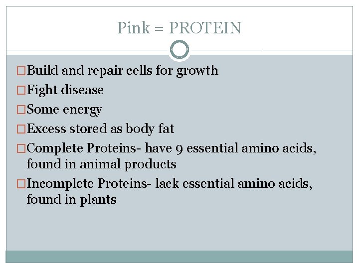 Pink = PROTEIN �Build and repair cells for growth �Fight disease �Some energy �Excess