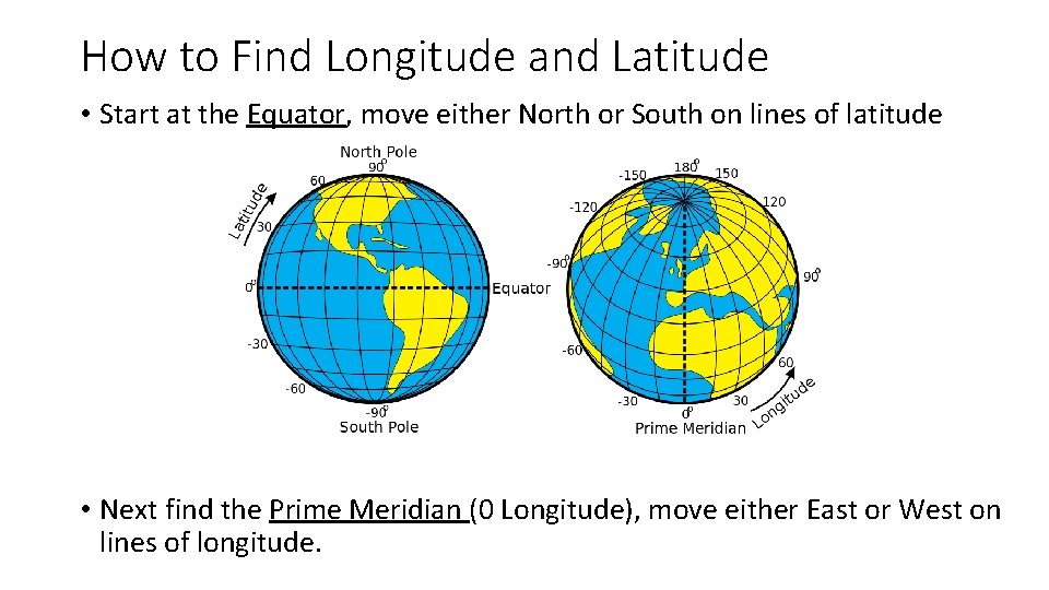 How to Find Longitude and Latitude • Start at the Equator, move either North