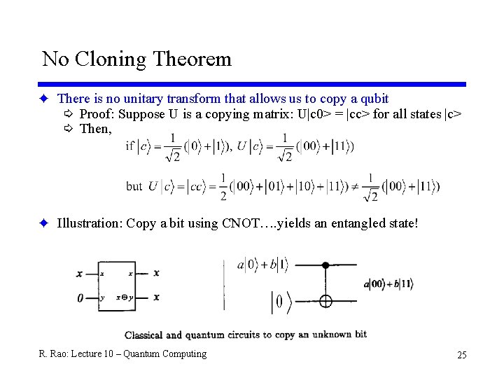 No Cloning Theorem F There is no unitary transform that allows us to copy
