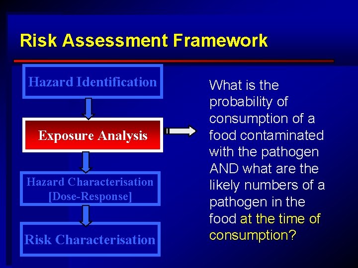 Risk Assessment Framework Hazard Identification Exposure Analysis Hazard Characterisation [Dose-Response] Risk Characterisation What is