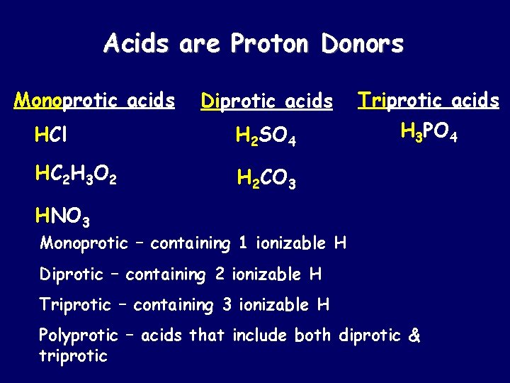 Acids are Proton Donors Monoprotic acids Diprotic acids Triprotic acids HCl H 2 SO