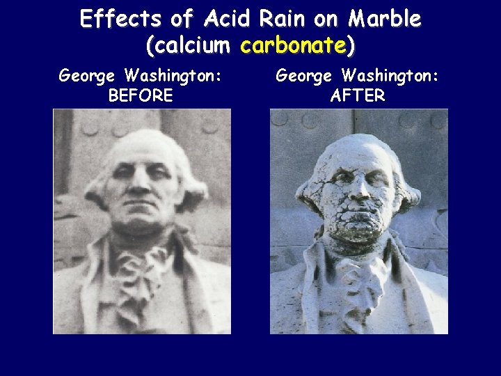 Effects of Acid Rain on Marble (calcium carbonate) George Washington: BEFORE George Washington: AFTER