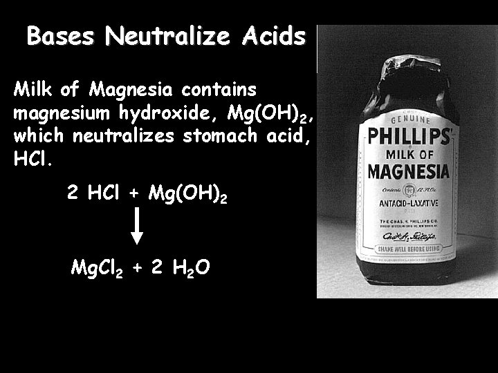Bases Neutralize Acids Milk of Magnesia contains magnesium hydroxide, Mg(OH)2, which neutralizes stomach acid,