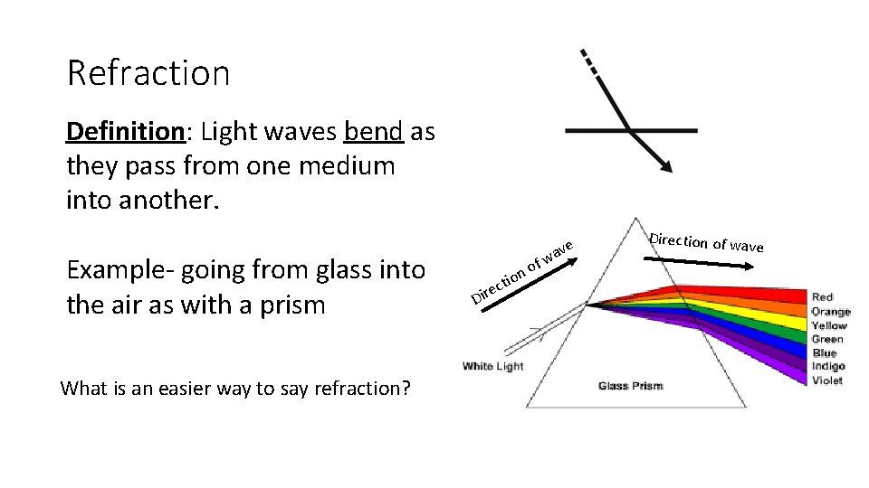 Refraction Definition: Light waves bend as they pass from one medium into another. Example-