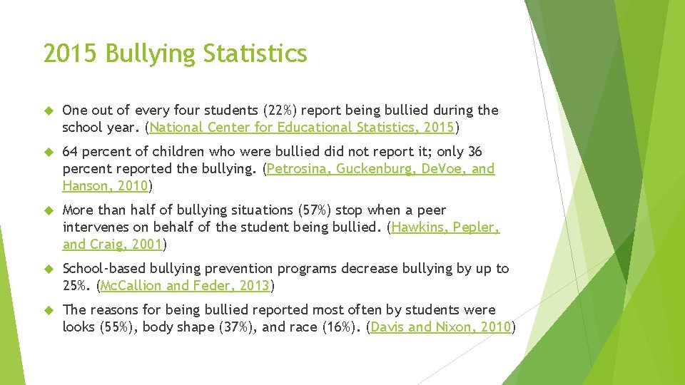 2015 Bullying Statistics One out of every four students (22%) report being bullied during