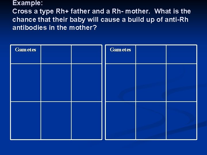 Example: Cross a type Rh+ father and a Rh- mother. What is the chance