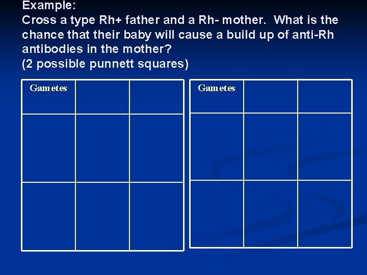 Example: Cross a type Rh+ father and a Rh- mother. What is the chance