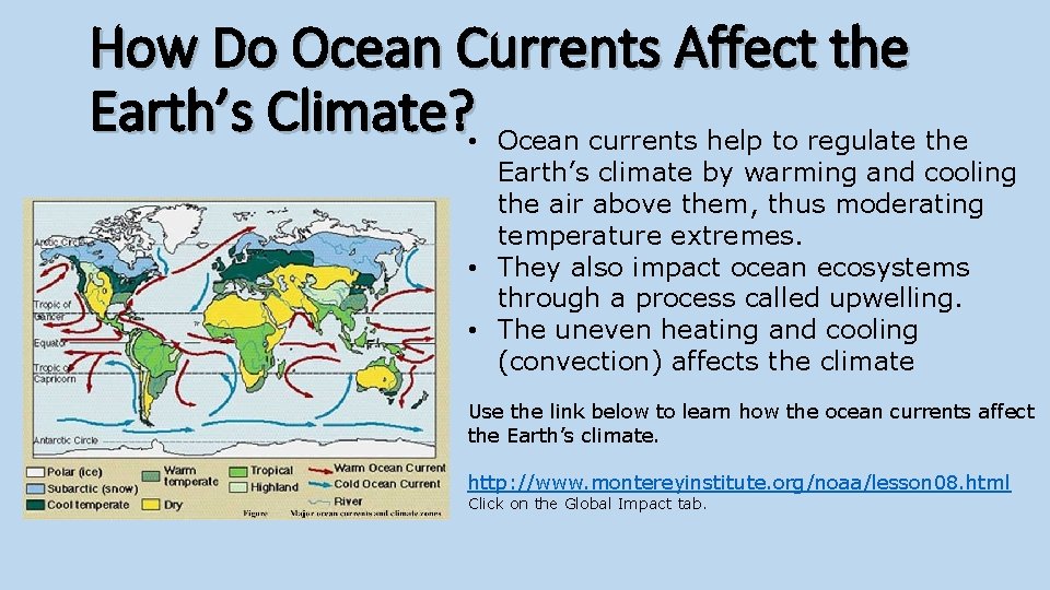 How Do Ocean Currents Affect the Earth’s Climate? • Ocean currents help to regulate