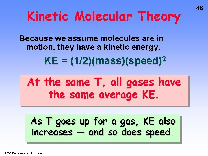 Kinetic Molecular Theory Because we assume molecules are in motion, they have a kinetic