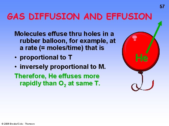 57 GAS DIFFUSION AND EFFUSION Molecules effuse thru holes in a rubber balloon, for