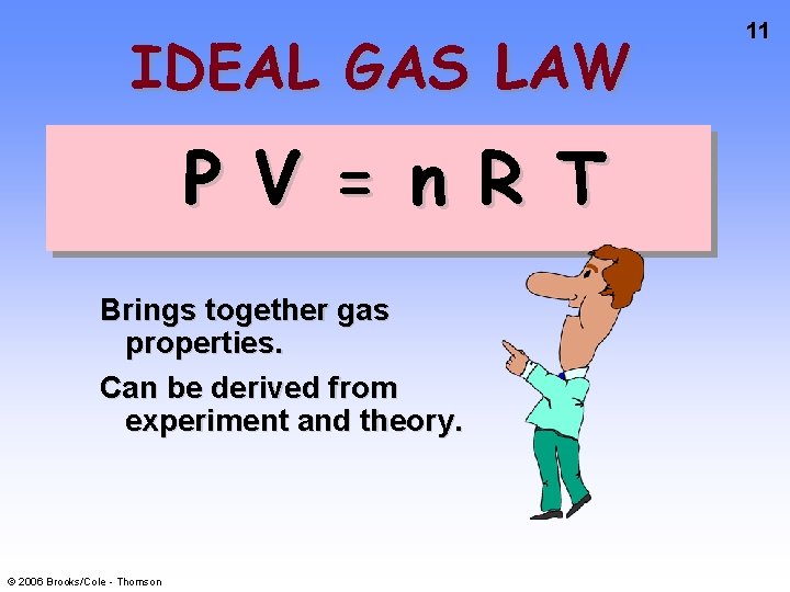 IDEAL GAS LAW P V = n R T Brings together gas properties. Can