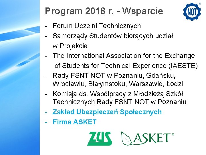 Program 2018 r. - Wsparcie - Forum Uczelni Technicznych - Samorządy Studentów biorących udział