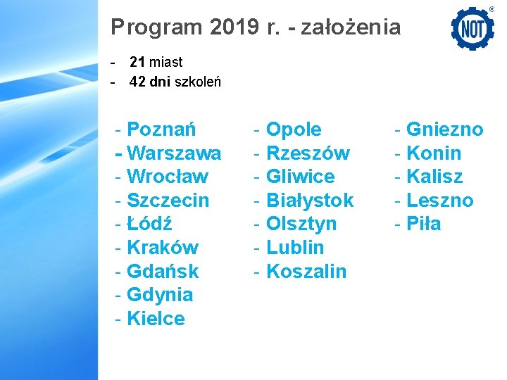 Program 2019 r. - założenia - 21 miast - 42 dni szkoleń - Poznań