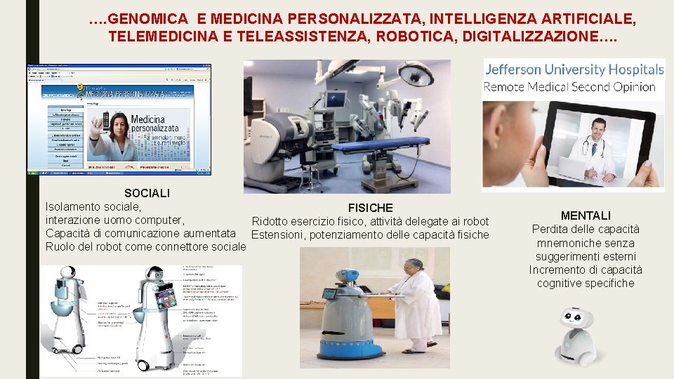 …. GENOMICA E MEDICINA PERSONALIZZATA, INTELLIGENZA ARTIFICIALE, TELEMEDICINA E TELEASSISTENZA, ROBOTICA, DIGITALIZZAZIONE…. SOCIALI Isolamento