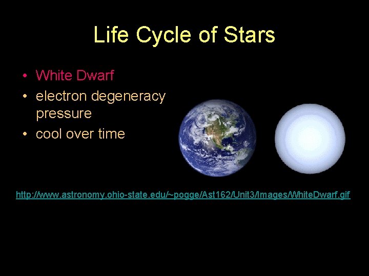 Life Cycle of Stars • White Dwarf • electron degeneracy pressure • cool over