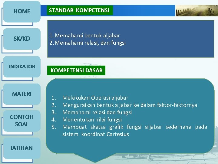 HOME STANDAR KOMPETENSI SK/KD 1. Memahami bentuk aljabar 2. Memahami relasi, dan fungsi INDIKATOR