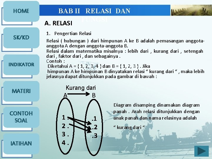 HOME SK/KD INDIKATOR MATERI CONTOH SOAL l. ATIHAN BAB II RELASI DAN FUNGSI A.