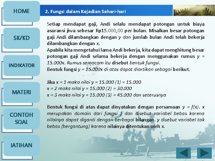 HOME SK/KD INDIKATOR MATERI CONTOH SOAL l. ATIHAN 2. Fungsi dalam Kejadian Sehari-hari Setiap