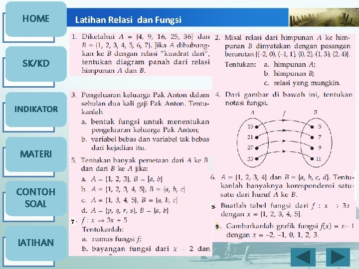 HOME SK/KD INDIKATOR MATERI CONTOH SOAL l. ATIHAN Latihan Relasi dan Fungsi 