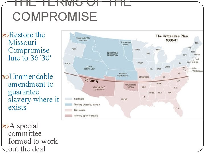 THE TERMS OF THE COMPROMISE Restore the Missouri Compromise line to 36° 30′ Unamendable