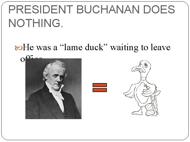 PRESIDENT BUCHANAN DOES NOTHING. He was a “lame duck” waiting to leave office 