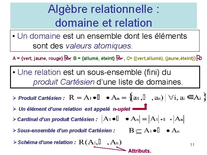 Algèbre relationnelle : domaine et relation • Un domaine est un ensemble dont les