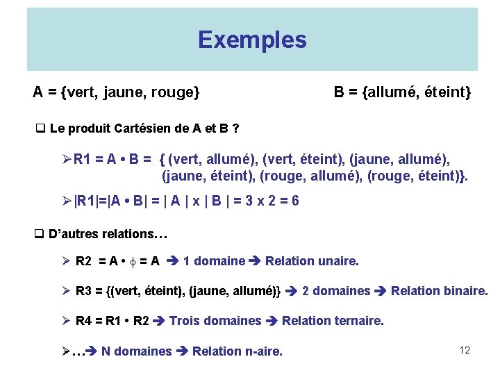 Exemples A = {vert, jaune, rouge} B = {allumé, éteint} q Le produit Cartésien