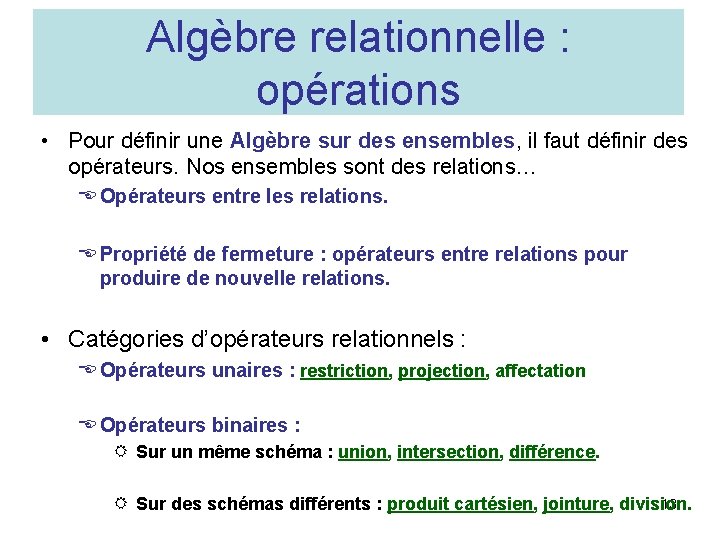 Algèbre relationnelle : opérations • Pour définir une Algèbre sur des ensembles, il faut