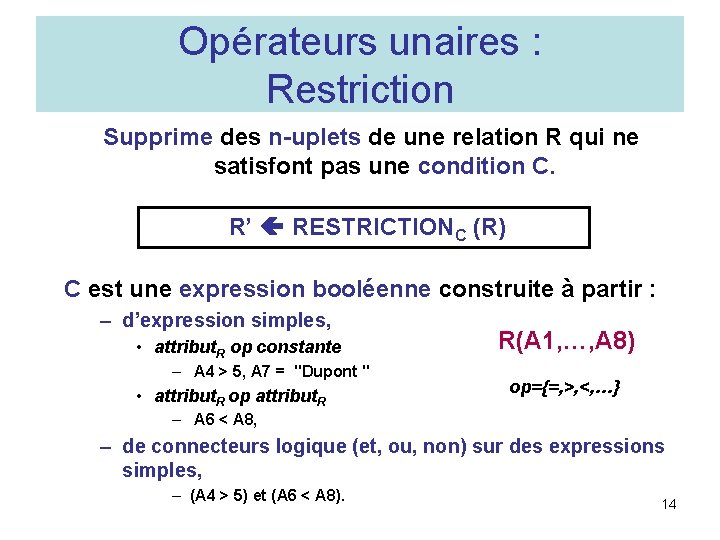 Opérateurs unaires : Restriction Supprime des n-uplets de une relation R qui ne satisfont