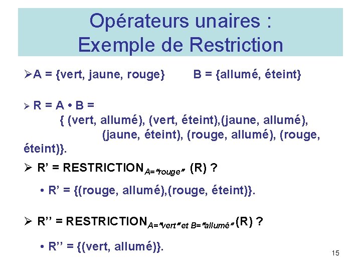 Opérateurs unaires : Exemple de Restriction ØA = {vert, jaune, rouge} B = {allumé,