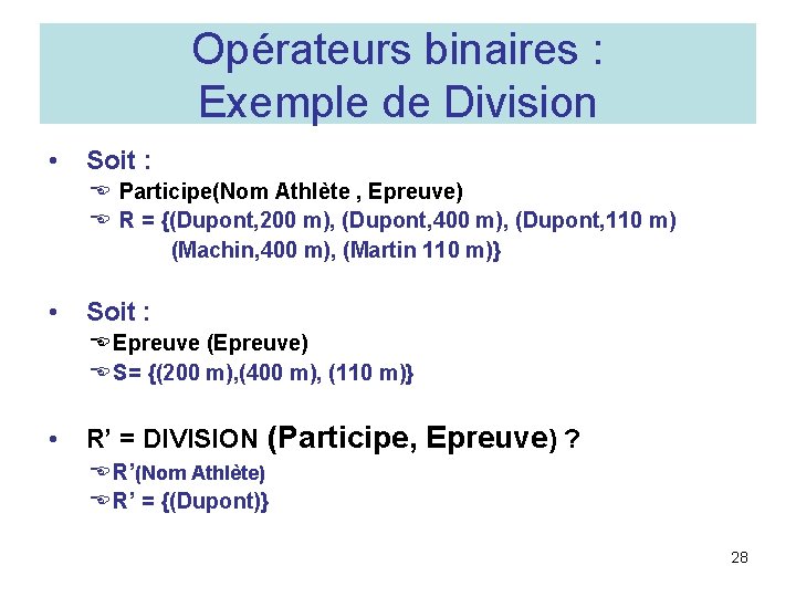 Opérateurs binaires : Exemple de Division • Soit : E Participe(Nom Athlète , Epreuve)