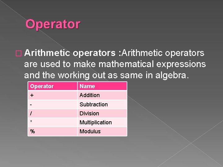 Operator � Arithmetic operators : Arithmetic operators are used to make mathematical expressions and