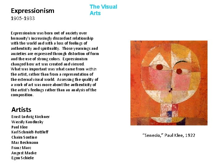 Expressionism 1905 -1933 The Visual Arts Expressionism was born out of anxiety over humanity's