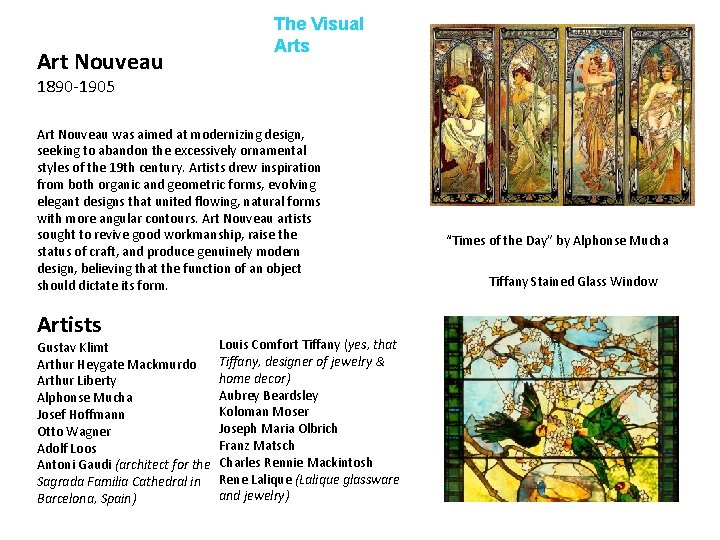 Art Nouveau The Visual Arts 1890 -1905 Art Nouveau was aimed at modernizing design,