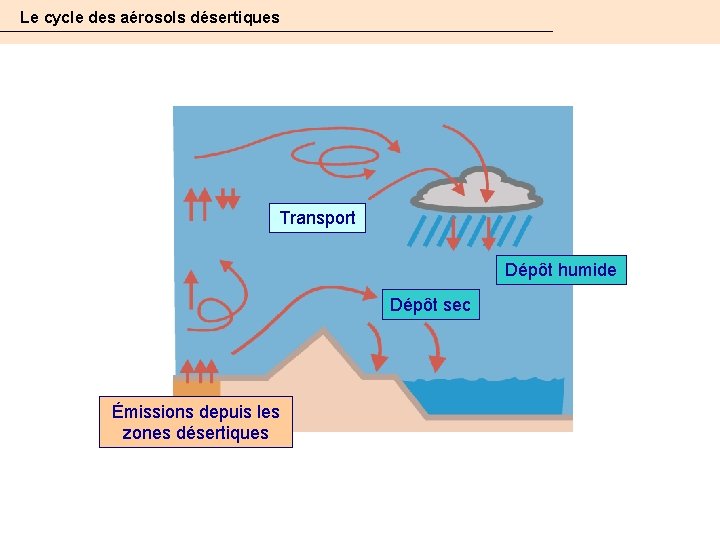 Le cycle des aérosols désertiques Transport Dépôt humide Dépôt sec Émissions depuis les zones