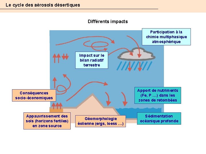 Le cycle des aérosols désertiques Différents impacts Participation à la chimie multiphasique atmosphérique Impact