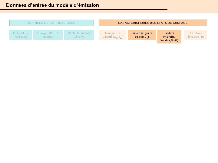 Données d’entrée du modèle d’émission DONNEES METEOROLOGIQUES Couverture neigeuse Precip. , alb. , T°,