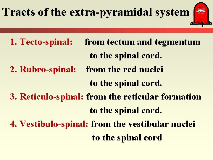 Tracts of the extra-pyramidal system 1. Tecto-spinal: from tectum and tegmentum to the spinal