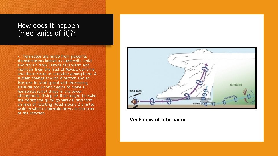 How does it happen (mechanics of it)? : • Tornadoes are made from powerful