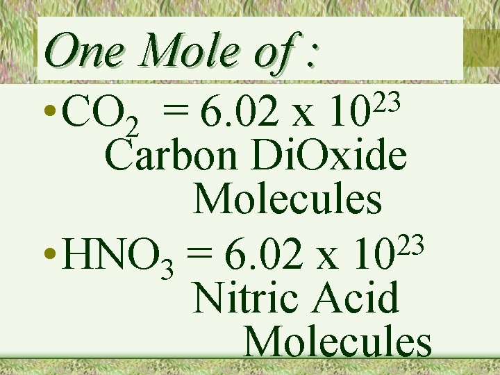 One Mole of : • CO 2 = 6. 02 x Carbon Di. Oxide