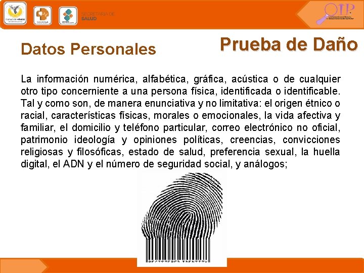 Datos Personales Prueba de Daño La información numérica, alfabética, gráfica, acústica o de cualquier