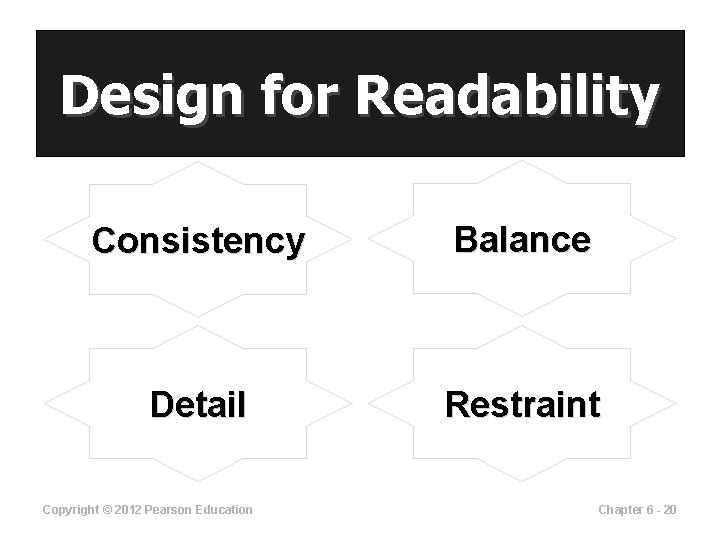 Design for Readability Consistency Balance Detail Restraint Copyright © 2012 Pearson Education Chapter 6