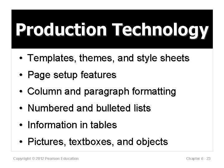 Production Technology • Templates, themes, and style sheets • Page setup features • Column