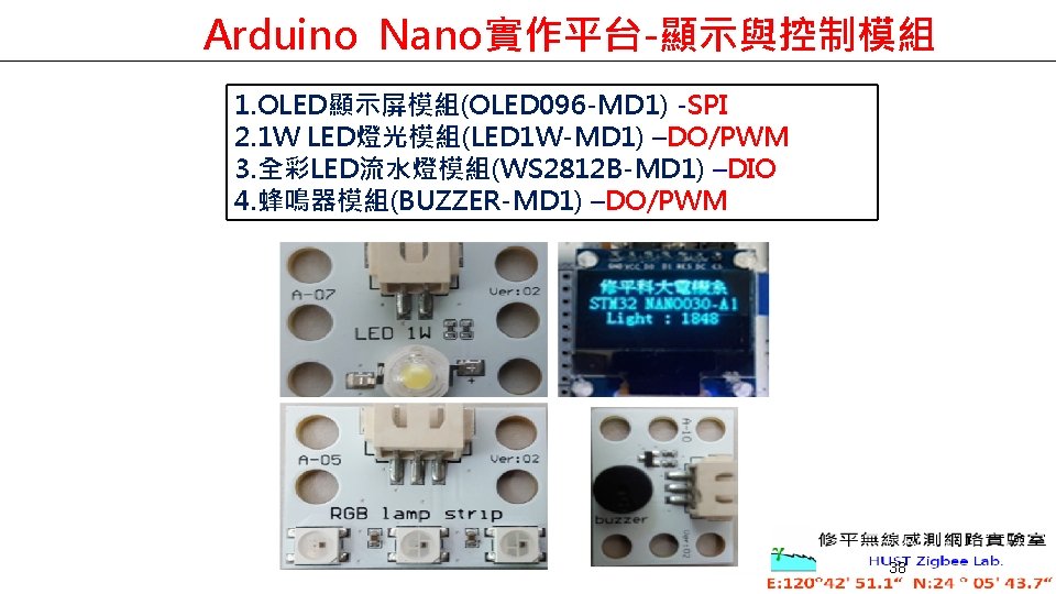 Arduino Nano實作平台-顯示與控制模組 1. OLED顯示屏模組(OLED 096 -MD 1) -SPI 2. 1 W LED燈光模組(LED 1 W-MD