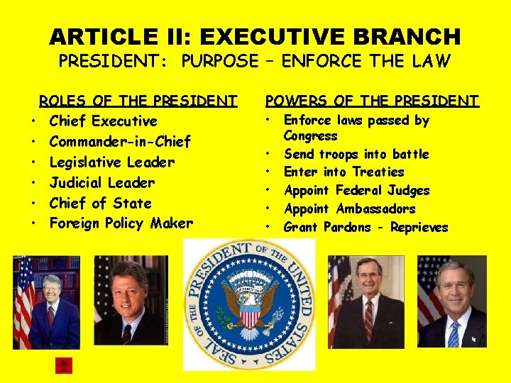 ARTICLE II: EXECUTIVE BRANCH PRESIDENT: PURPOSE – ENFORCE THE LAW ROLES OF THE PRESIDENT