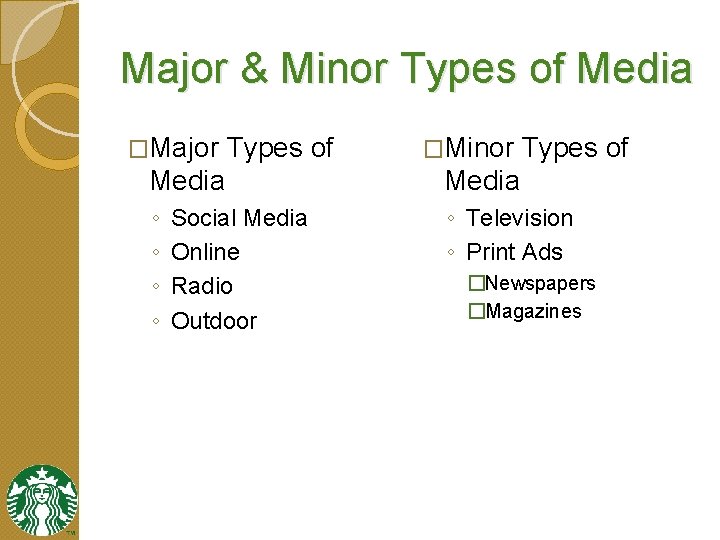 Major & Minor Types of Media �Major Types of �Minor Types of Media ◦